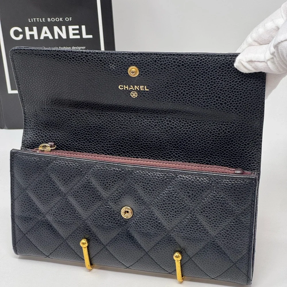 💯Authentic Chanel Black Quilted Caviar Leather Long Wallet Iconic CC Logo - Picture 4 of 9